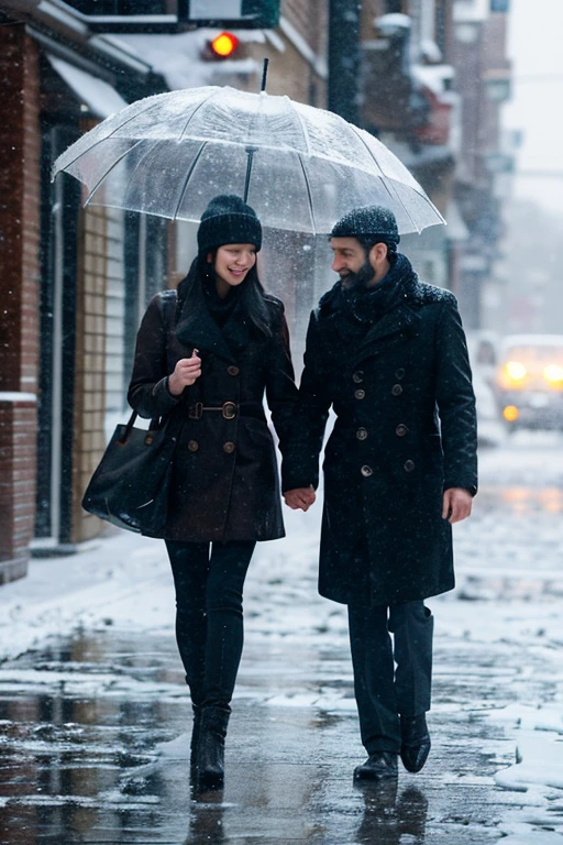 On a snowy day, a man and a woman walk together under an umbrella. They seem nervous, as their relationship has just begun. Utilizing the special ambiance of the snowy day and the romantic backdrop of being alone together under the umbrella, depict their conversation and actions. Narrate how their relationship evolves and the impact this special day has on them. Capture the growth of their relationship amidst the snowy setting and how this day affects them.