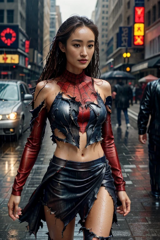 Maggie Q、マーベル・コミック映画のPoster, Very beautiful, Movies about Spiderman, sexy, whole body, I'm wearing a skirt、Premiere date, Poster、belly buttonを突き出す、new york、She's wearing a torn Spider-Man suit,The suit is torn、Wearing a skirt、 Red and black color scheme,dynamic、masterpiece、highest quality、Ultra-detailed、Very detailed、A delicate and beautiful shine、超A high resolution、Cinematic,Break,Breakdrop,(Torn clothes:1.5), (Wet clothes:1.4), Bare shoulders,Real Rain,Wet Hair,belly button、Exposing Skin、sexyな肩を見せてる