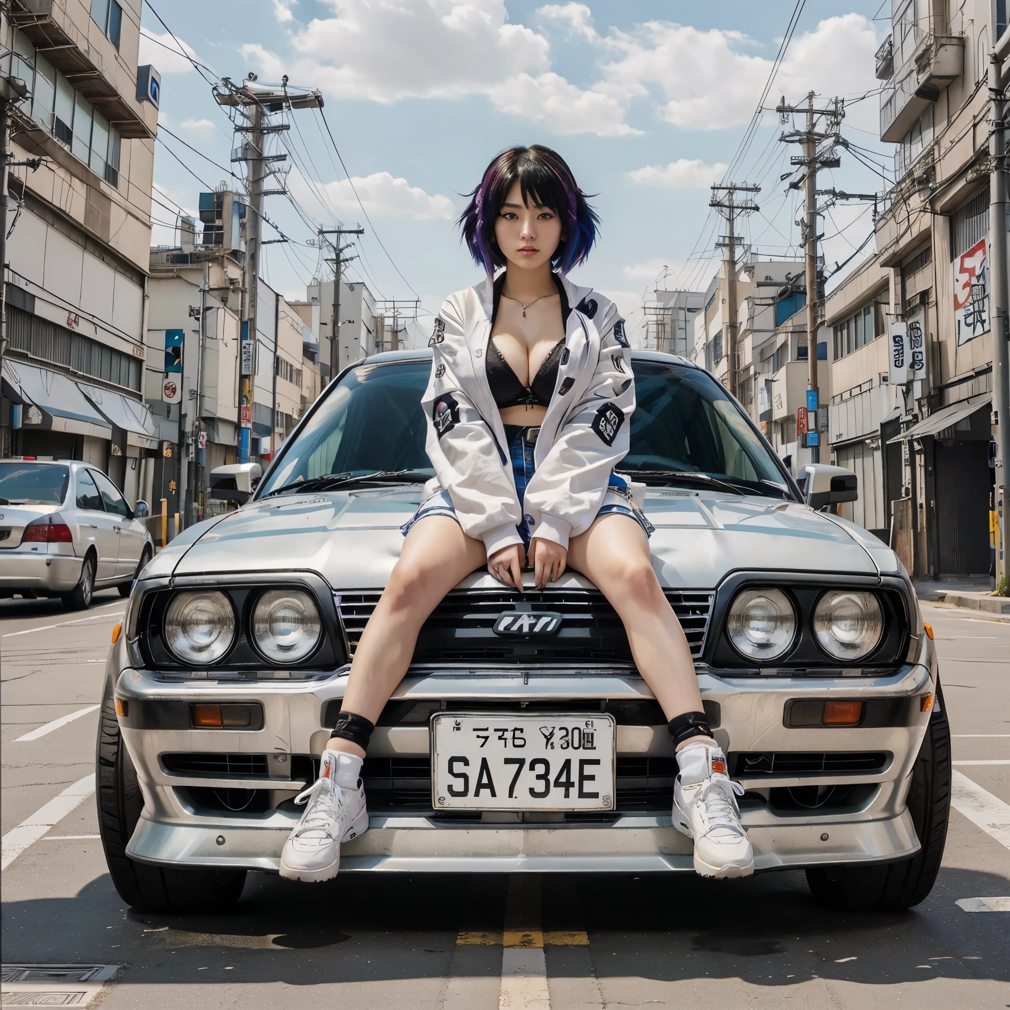 arafed woman sitting on the hood of a car in a city, anime style mixed with fujifilm, japanese streetwear, official artwork, e - girl, e-girl, akira vibes, ae 8 6, style of masami kurumada, takata yamamoto style, cyberpunk streetwear, 8 0 s anime vibe, she is wearing streetwear, badass anime 8 k big boob big tit pop out of top 