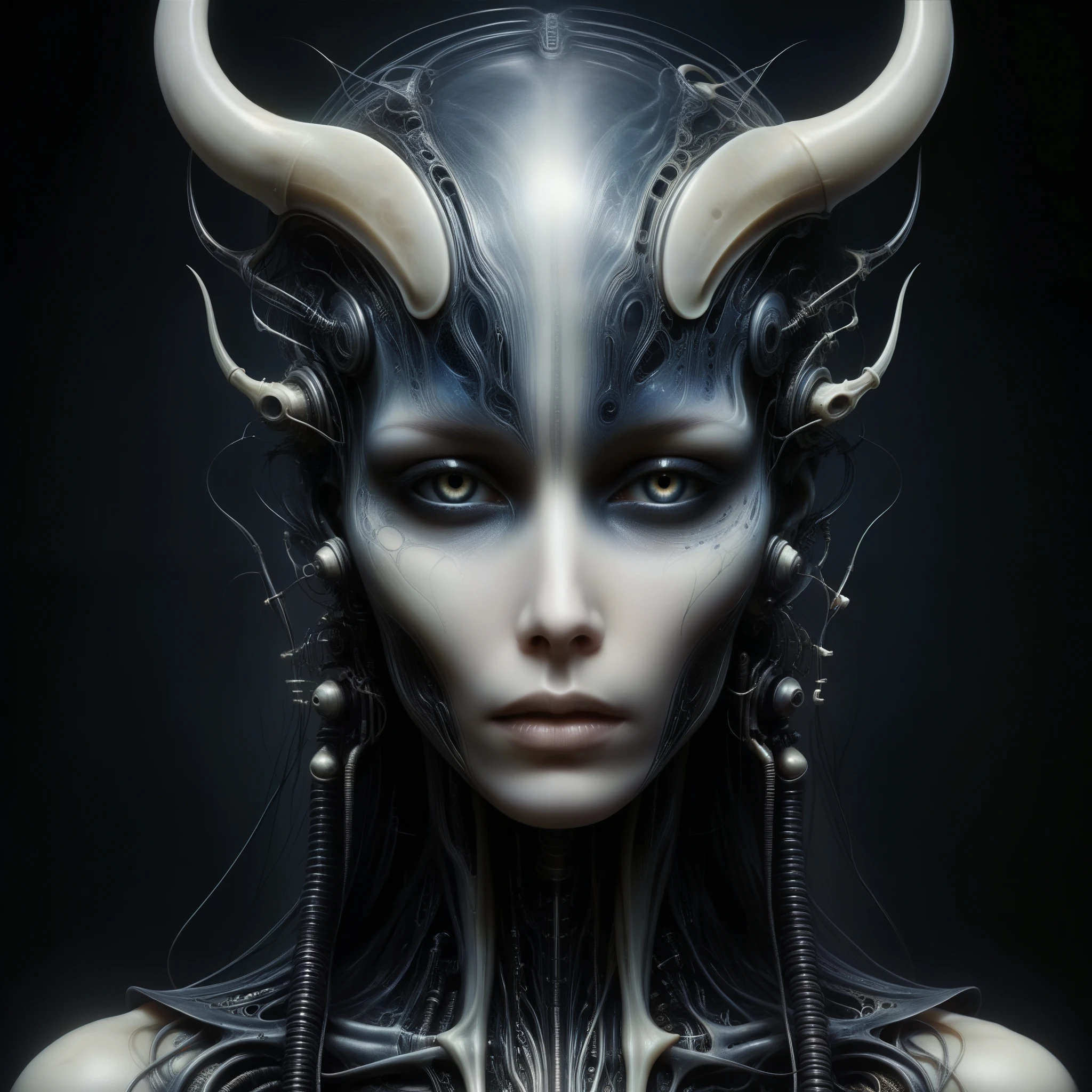 Surrender to the eerie allure of AI-generated music as it emanates from within a surreal and nightmarish realm, echoing the unsettling visions of H.R. Giger.