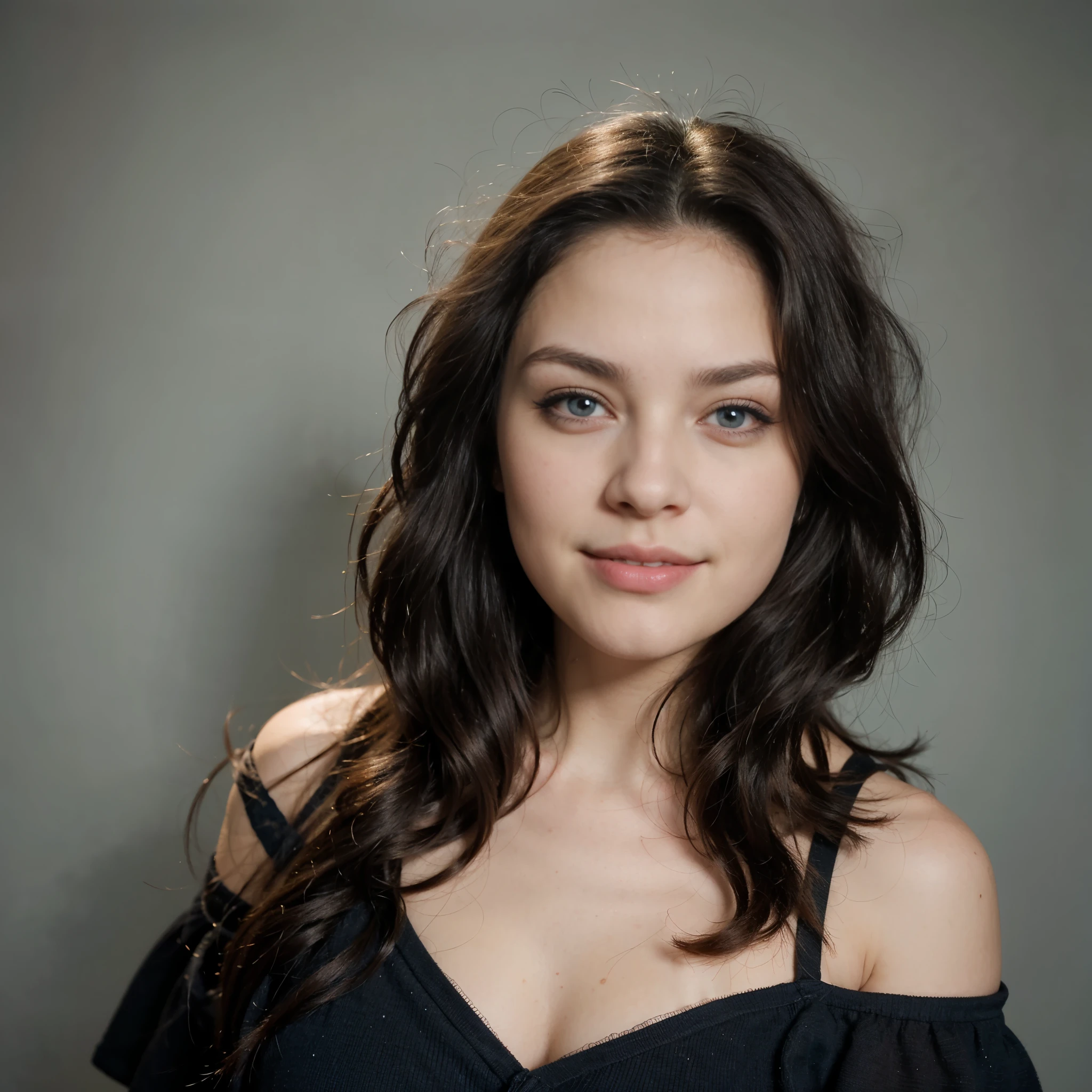 22 year old girl, rostro similar al de Amy Lee, ojos azules, sonrisa, cabello negro, cuerpo completo, minifalda, descalza, hiperrealista. Looking straight into the camera