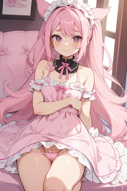 Girl with pink hair, long double-tailed hairstyle, ((small pink bushy eyebrows)), dressed in ta clothing, marked vagina, loli(Zankuro) drawing style by zankuro artist, Zancro style, image uploaded to R34, looking at the camera with a flirtatious smile, modeling bikini in a restaurant full of people, male pov, (panties pulling, self-pulling, pink panties:1.1 panties pulled to knees) , she pulling her dress to cover her crotch, no visible vagina