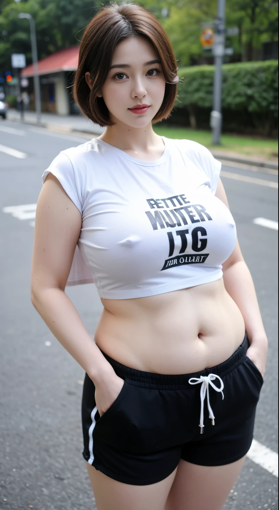 ((best quality)), ((masterpiece)), (detailed), perfect face,
((best quality)), ((masterpiece)), (detailed), perfect face, mature female, thicc, she has a jiggly fat round belly, busty, thick neck, thick body, better known as amouranth, powerful and huge, thight cloths, she is facing the camera, sie boob, curvy figure, bob hairstyle , full body, chubby cheeks, chubby face, chubby arm., Bbwchan, short hair, wearing shorts pants, wearing cape, wearing a t-shirt, sneaker shoes