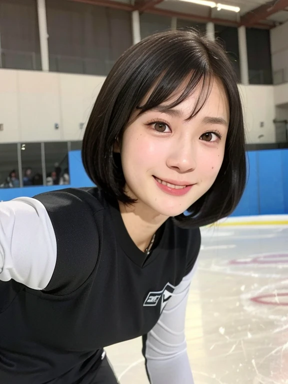 (kawaii 24year-old Japanese girl, Nogizaka idol, Korean idol), female ice hockey player, (glossy black hair, very short hair:1.3), (rounded face, black eyes, single eyelid, no makeup, soft smiling:1.2), (wearing long sleeved ice hockey jersey:1.5), ice hockey gloves, ice hockey helmet, (flat chest, extra small breasts:0.8), (looking at viewer:1.2), BREAK, (skating at ice skate arena, active atmosphere:1.3), (view from forward, bust shot, face focus:1.3), BREAK, (masterpiece, best quality, photo realistic, official art:1.4), (UHD, 8K quality wallpaper, high resolution, raw photo, golden ratio:1.3), (shiny skin), professional lighting, physically based rendering, award winning, (perfect anatomy, highly detailed skin, extremely detailed face and eyes:1.2), Carl Zeiss 300mm F/2.8, depth of field, 1girl, solo, nhl player, national hockey league player,