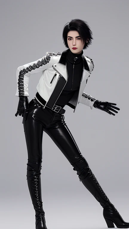 Final Fantasy-style graphics, young, Cute and cool Japanese boys, Thin eyebrows and big eyes, He is wearing a shiny white single-breasted leather jacket.......。Biker style leather jacket、 with epaulettes, The jacket is zipped up, The jacket pockets are black., The jacket has a high stand-up collar with a belt, Also wearing a black turtleneck, black leather pants, Thin black leather gloves on both hands, Black leather knee-high lace-up boots, Show me your whole body from head to toe, Final Fantasy Style、((good looking))、((good looking))、((Clear eyes and nose))、((Shiny white single leather jacket))、((The jacket must be white))、((The jacket has epaulettes))、((Jacket has a high stand-up collar and belt))、((The jacket has a black pocket))、((Black turtleneck shirt))、((black leather pants))、((Always wear shiny black leather gloves on both hands))、(((The gloves are not fingerless))、((Black lace-up leather long boots))、((View full-body images from a distance))、Realistic image quality and texture、In a small cell、close your eyes、A kind smile、((The jacket is closed with a zipper))、((No exposed skin below the neck))、((Round face)、((Short Hair Style Edium Build))、