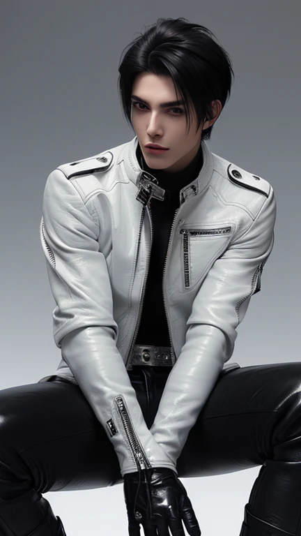 Final fantasy taste and reality graphics, Japanese young cute and cool ikemen boy, his age is early 20s, thin eyebrows and beady eyes, he wearing off white color leather thick material jacket, jacket is singlebrest, biker style jacket, with epaulet, jacket is long sleeve, must close the front of the leather jacket, , voluminous leather jacket, ,must jacket is high length and stand-up collar with two belts, jacket is a little black color line pattern,close the front of the jacket, also wearing black thick material turtleneck lackluster shirts, tight black leather pants, black leather tight and thin glove, black leather knee-high raceup boots,must views head-to-toe,must views whole body, boy looks like fashion model,Do not show skin from the neck down,leather jacket leather glove and leather pants have few wrinkles,boy in the prison room, Avoid showing your innerwear,zip up jacket fastner.
Boy touching owns private parts with right hand.
Bous face is expression of ecstasy.