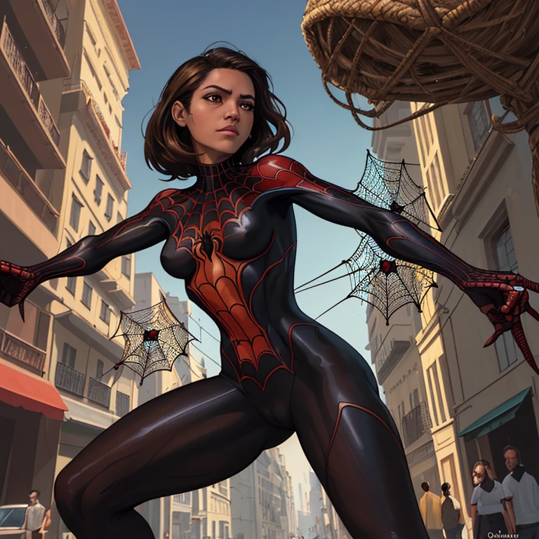 (Obra maestra, mejor calidad), detalles intrincados, 8k, art station, fondo de pantalla, arte oficial, arte salpicado, Sharp focus,
1 chica, pelo largo, colas gemelas, Brown eyes, pelo oscuro, 
 spider suit, spiderweb printing, spiderweb,  
rascacielos, Ciudad, edificios, carros, Calle,