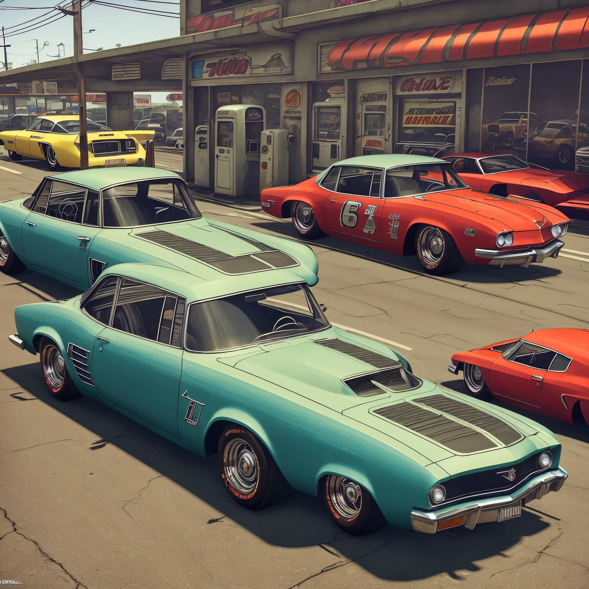 there is a car that is parked in front of a gas station, highly detailed hyper real retro, gta 6 style, super fine detail, lowrider style, futuristic dieselpunk street, gta5 style, gta v style, screen short from mafia 2, style of gta v, insanely fine detail, style of gta v artworks, old school, retro style ”