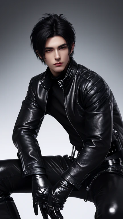Final Fantasy-style graphics, young, Cute and cool Japanese boys, Thin eyebrows and big eyes, He is wearing a shiny white single-breasted leather jacket.......。Biker style leather jacket、 with epaulettes, The jacket is zipped up, The jacket pockets are black., The jacket has a high stand-up collar with a belt, Also wearing a black turtleneck, black leather pants, Thin black leather gloves on both hands, Black leather knee-high lace-up boots, Show me your whole body from head to toe, Final Fantasy Style、((good looking))、((good looking))、((Clear eyes and nose))、((Shiny white single leather jacket))、((The jacket must be white))、((The jacket has epaulettes))、((Jacket has a high stand-up collar and belt))、((The jacket has a black pocket))、((Black turtleneck shirt))、((black leather pants))、((Always wear shiny black leather gloves on both hands))、(((The gloves are not fingerless))、((Black lace-up leather long boots))、((View full-body images from a distance))、Realistic image quality and texture、In a small cell、close your eyes、A kind smile、((The jacket is closed with a zipper))、((No exposed skin below the neck))、((Round face)、((Short Hair Style Edium Build))、