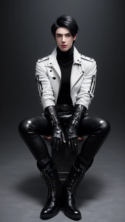 Final Fantasy-style graphics, young, Cute and cool Japanese boys, Thin eyebrows and big eyes, He is wearing a shiny white single-breasted leather jacket.......。Biker style leather jacket、 with epaulettes, The jacket is zipped up, The jacket pockets are black., The jacket has a high stand-up collar with a belt, Also wearing a black turtleneck, black leather pants, Thin black leather gloves on both hands, Black leather knee-high lace-up boots, Show me your whole body from head to toe, Final Fantasy Style、((good looking))、((good looking))、((Clear eyes and nose))、((Shiny white single leather jacket))、((The jacket must be white))、((The jacket has epaulettes))、((Jacket has a high stand-up collar and belt))、((The jacket has a black pocket))、((Black turtleneck shirt))、((black leather pants))、((Always wear shiny black leather gloves on both hands))、(((The gloves are not fingerless))、((Black lace-up leather long boots))、((View full-body images from a distance))、Realistic image quality and texture、In a small cell、close your eyes、A kind smile、((The jacket is closed with a zipper))、((No exposed skin below the neck))、((Round face)、((Short Hair Style Edium Build))、
