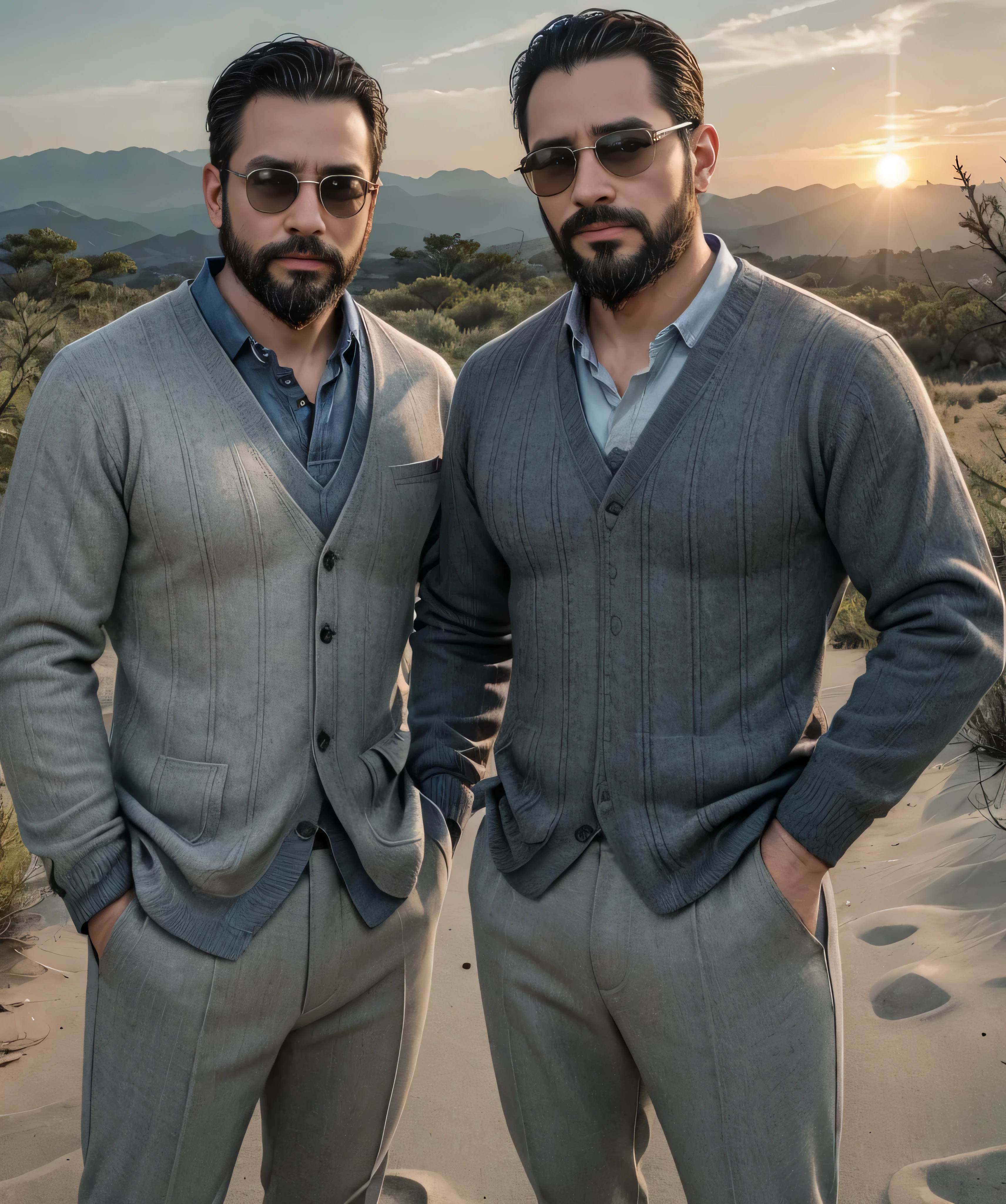 Obra maestra, desenfoque de campo, Parte superior del cuerpo, Hands in pants pockets , Two 38 year old men with beards and square sunglasses... Men dressed in a plaid shirt at an action movie in Japan with a sunset in the background.