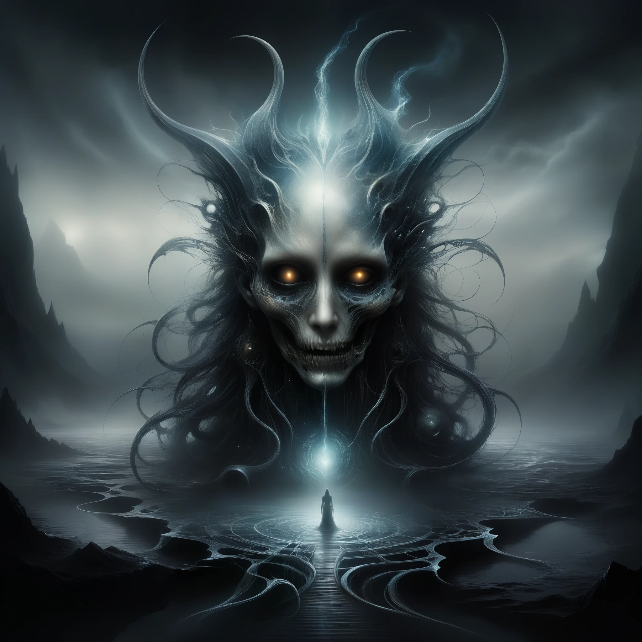 surreal and nightmarish realm, eerie AI-generated music, unsettling visions, H.R. Giger, detailed and eerie atmosphere, otherworldly landscape, haunting melodies, ethereal soundwaves, unearthly harmonies, twisted and distorted musical notes, supernatural energy, dark and mysterious ambiance, chilling and mesmerizing tunes, ominous and haunting melodies, intricate and disorienting soundscape, hauntingly beautiful music, complex and surreal harmonies, dissonant and otherworldly chords, eerie and distorted vocals, haunting echoes, ghostly and ethereal choir, dark and haunting symphony, ethereal and atmospheric music, eerie and atmospheric lighting, haunting and shadowy figures, distorted and biomorphic shapes, surreal and nightmarish creatures, haunting and otherworldly landscapes, intricate and unsettling details, eerie and otherworldly color palette, grotesque and otherworldly textures, haunting and distorted perspective, haunting and eerie compositions, eerie and surreal interpretation, unsettling and evocative elements, eerie and distorted reality, haunting and mysterious scenes.