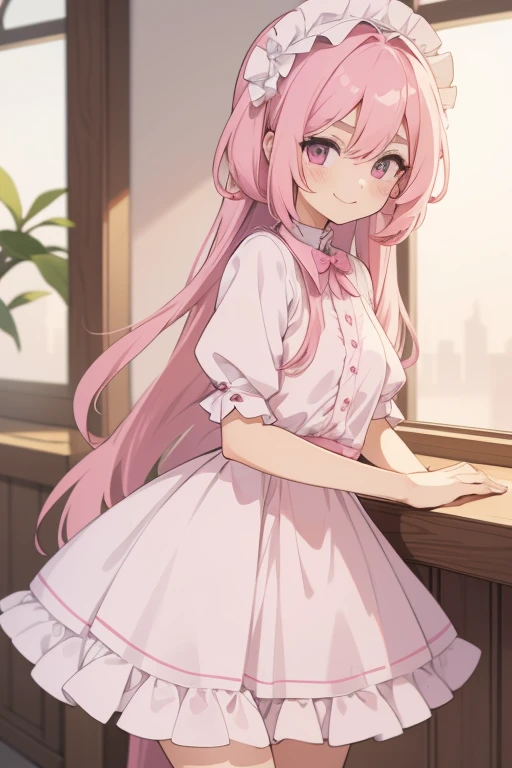 Girl with pink hair, long double-tailed hairstyle, ((small pink bushy eyebrows)), dressed in lolita clothing, marked vagina, lolicon (Zankuro) drawing style by zankuro artist, Zancro style, image uploaded to R34, looking at the camera with a flirtatious smile, modeling in a restaurant full of people, male pov,  , she pulling her dress to cover her crotch, no visible vagina
