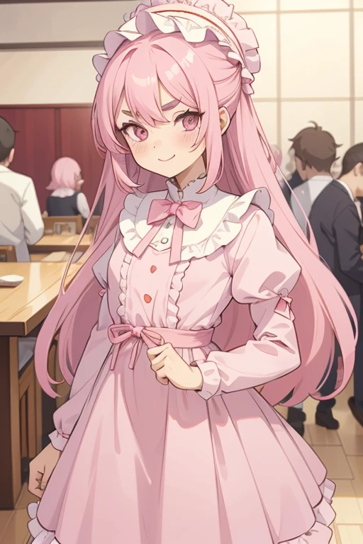 Girl with pink hair, long double-tailed hairstyle, ((small pink bushy eyebrows)), dressed in lolita clothing, marked vagina, lolicon (Zankuro) drawing style by zankuro artist, Zancro style, image uploaded to R34, looking at the camera with a flirtatious smile, modeling in a restaurant full of people, male pov, , she pulling her dress to cover her crotch, no visible vagina