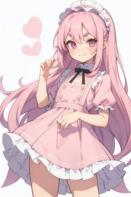 Girl with pink hair, long double-tailed hairstyle, ((small pink bushy eyebrows)), dressed in lolita clothing, marked vagina, lolicon (Zankuro) drawing style by zankuro artist, Zancro style, image uploaded to R34, looking at the camera with a flirtatious smile, modeling in a restaurant full of people, male pov,  , she pulling her dress to cover her crotch, no visible vagina
