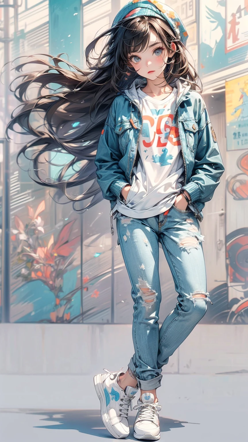 ((Highly detailed CG unit 8K wallpaper, masterpiece, High resolution, highest quality)), 20 year old woman with dark hair, hand in pocket pose:1.5, Grunge Fashion:1.2, wear a blouson:1.2, Skinny jeans, Wearing sneakers,colorful geometric pattern wall, (High angle, Fisheye Shot), Anime Style, Simple lines, Digital Painting,