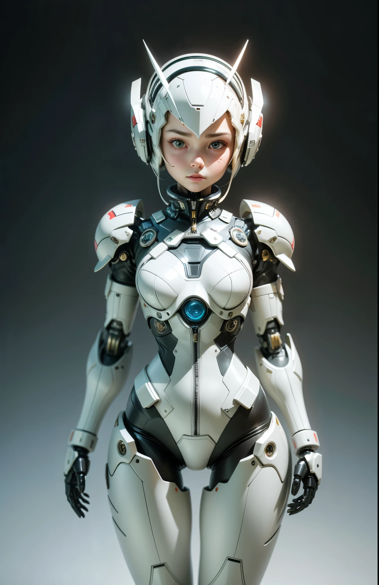 Very cute human 8  girl face, Doll-like body with robot arm, Robot hips and legs, Very cute and feminine, short, , small, Full Hips, Medium Bust, Snug-fitting white armor, Cleavage, a flat belly is visible, Helmet with antenna, robot joints, Very stylish, Black rubber bodysuit with zipper, Vaginal Foreign Body Insertion,