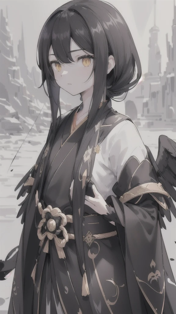 (black and white flowing long hair, golden eyes, black and white Hanfu armor, crow, black long sword, graceful pose, dramatic lighting, conceptual art style, vibrant colors, vivid imagery, cave, stalactite) (best quality, ultra-detailed, realistic:1.37), portraits, vibrant color tones, studio lighting.