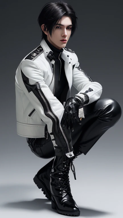 Final Fantasy-style graphics, young, Cute and cool Japanese boys, Thin eyebrows and big eyes, He is wearing a shiny white single-breasted leather jacket.......。Biker style leather jacket、 with epaulettes, The jacket is zipped up, The jacket pockets are black., The jacket has a high stand-up collar with a belt, Also wearing a black turtleneck, black leather pants, Thin black leather gloves on both hands, Black leather knee-high lace-up boots, Show me your whole body from head to toe, Final Fantasy Style、((good looking))、((good looking))、((Clear eyes and nose))、((Shiny white single leather jacket))、((The jacket must be white))、((The jacket has epaulettes))、((Jacket has a high stand-up collar and belt))、((The jacket has a black pocket))、((Black turtleneck shirt))、((black leather pants))、((Always wear shiny black leather gloves on both hands))、(((The gloves are not fingerless))、((Black lace-up leather long boots))、((View full-body images from a distance))、Realistic image quality and texture、In a small cell、close your eyes、A kind smile、((The jacket is closed with a zipper))、((No exposed skin below the neck))、((Round face)、((Short Hair Style Edium Build))、