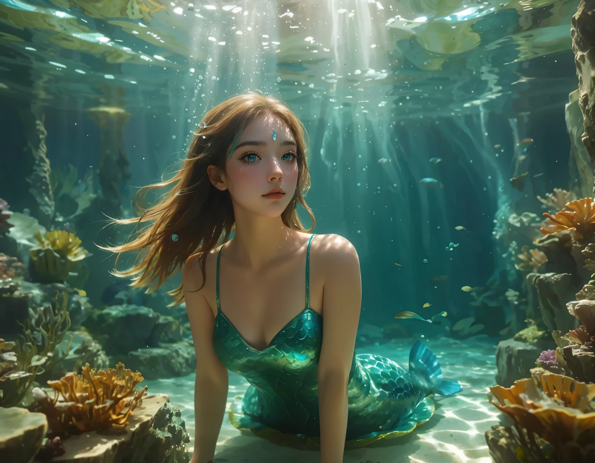 Mermaid underwater，Light and Shadow，aquamarine，Bubbles，Realism