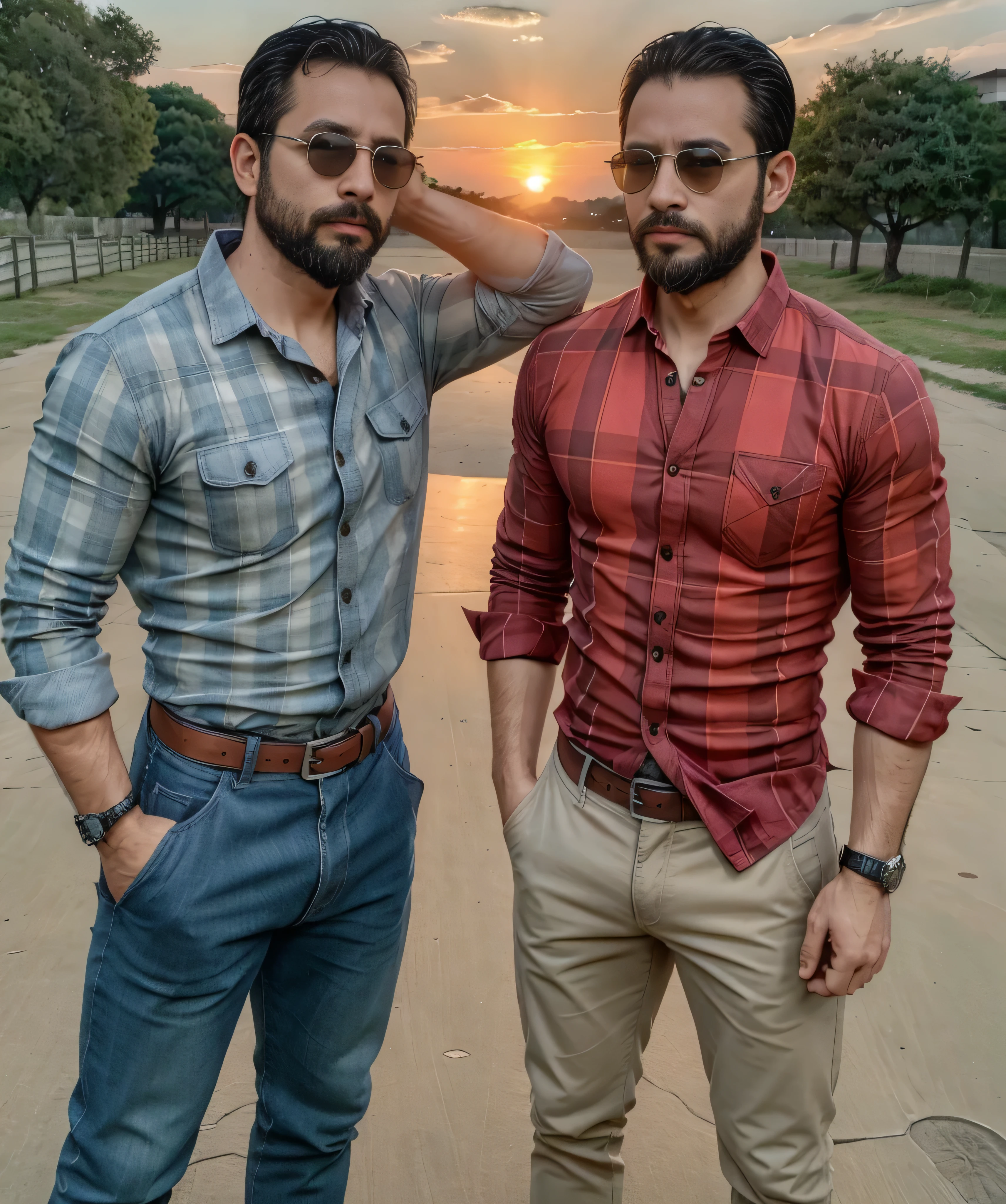 Obra maestra, desenfoque de campo, Parte superior del cuerpo, Hands in pants pockets , Two 38 year old men with beards and square sunglasses... Men dressed in a plaid shirt at an action movie in Japan with a sunset in the background.
