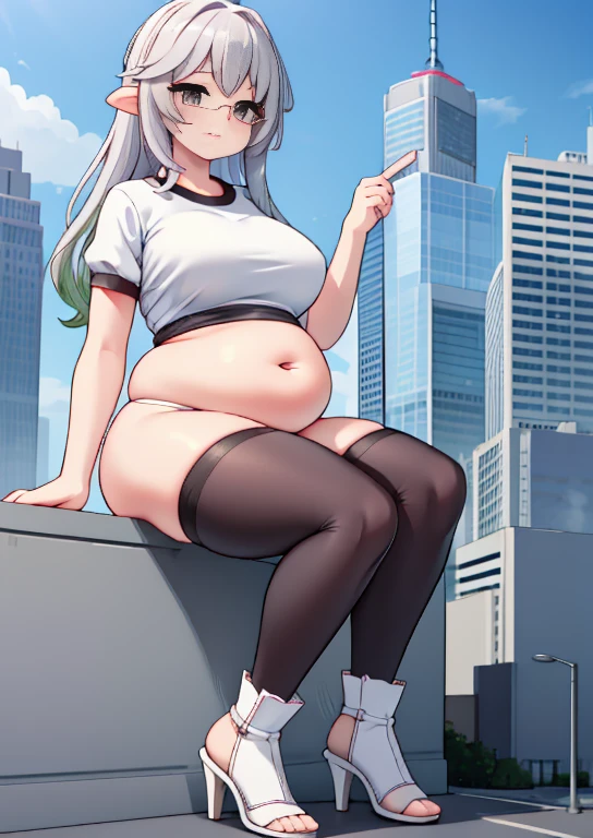 (masterpiece, best quality, highly detailed), 1girls, big belly, huge belly, art by kipteitei, round belly, chubby, curvy, belly grab, enormous belly, fat belly, thicc, bigger belly, really big belly, jiggly belly, glasses, gym clothes, thighhighs, ((cum on belly)), smug face, sitting, high heels, ((full body)), ((dominant)), (giantess)