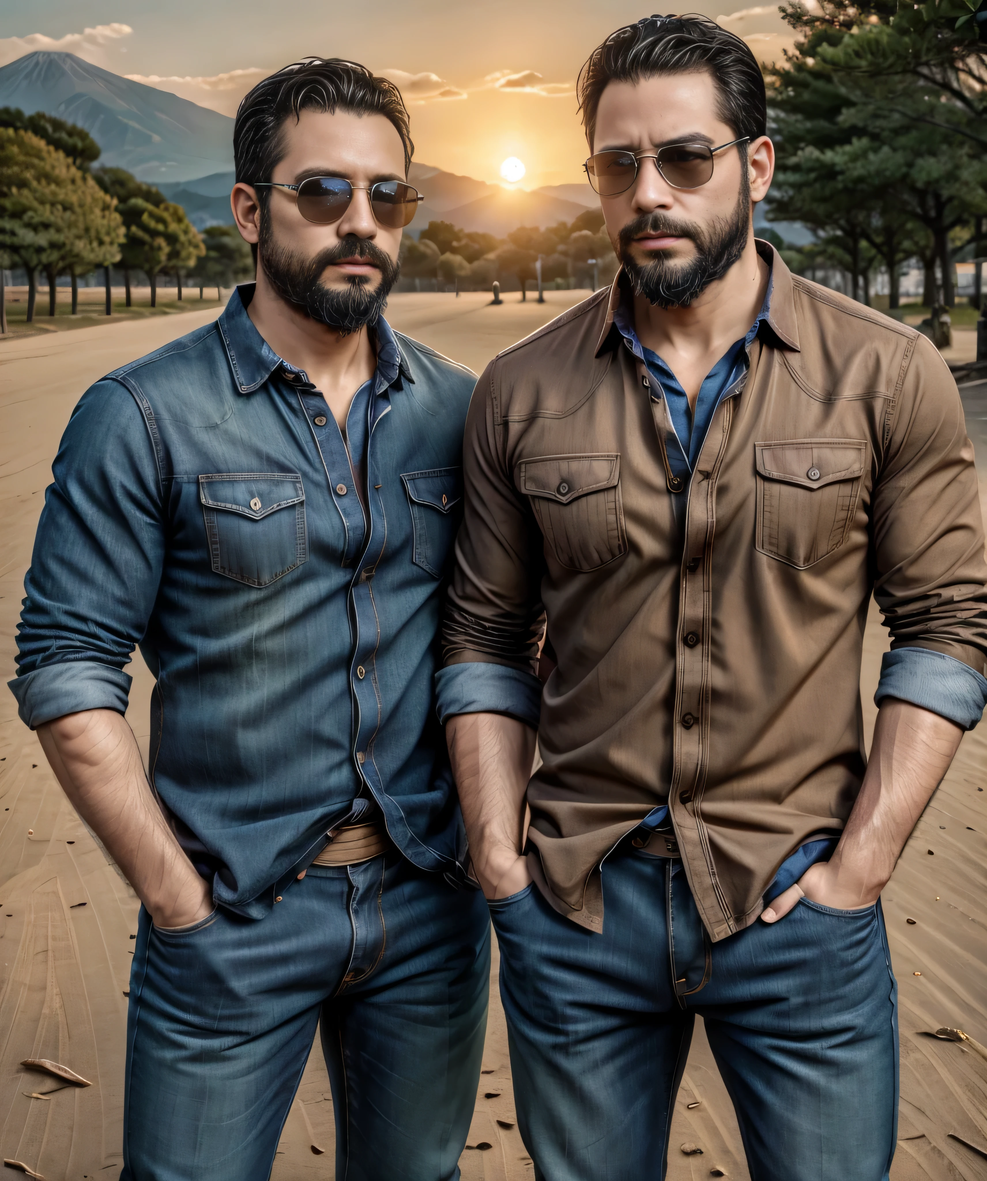 Obra maestra, desenfoque de campo, Parte superior del cuerpo, Hands in pants pockets , Two 38 year old men with beards and square sunglasses... Men dressed in a plaid shirt at an action movie in Japan with a sunset in the background.