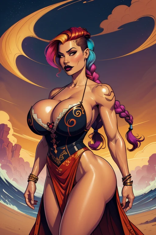 There is a curvaceous Hispanic woman (huge breasts, cleavage, goth makeup, braided hair, multicolored shaved side hairstyle) with Tribal tattoos all over her body and wearing a long flowing gown made of wind, clouds and fog, a beautiful artwork illustration, stunning digital illustration, Jen Bartel, exquisite digital illustration, tan and brown background, beautiful digital illustration, intricate digital painting, digital painting | intricate, highly detailed vector art, in style of digital illustration, gorgeous digital art, vector behance hd Jesper Ejsing, beautiful digital artwork
