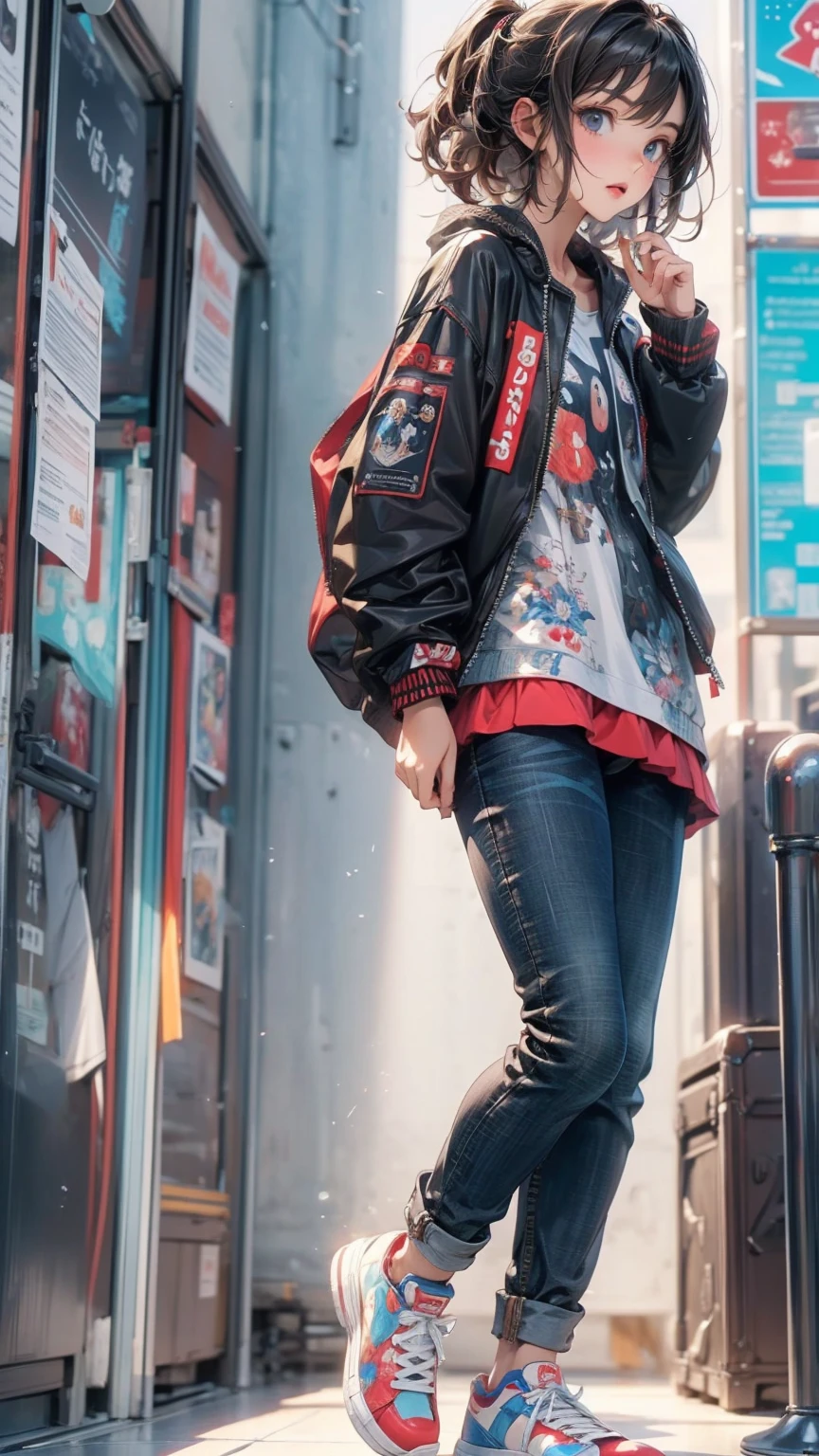 ((Highly detailed CG unit 8K wallpaper, masterpiece, High resolution, highest quality)), 20 year old woman with dark hair, hand in pocket pose:1.5, Grunge Fashion:1.2, wear a blouson:1.2, Skinny jeans, Wearing sneakers,colorful geometric pattern wall, (High angle, Fisheye Shot), Anime Style, Simple lines, Digital Painting,