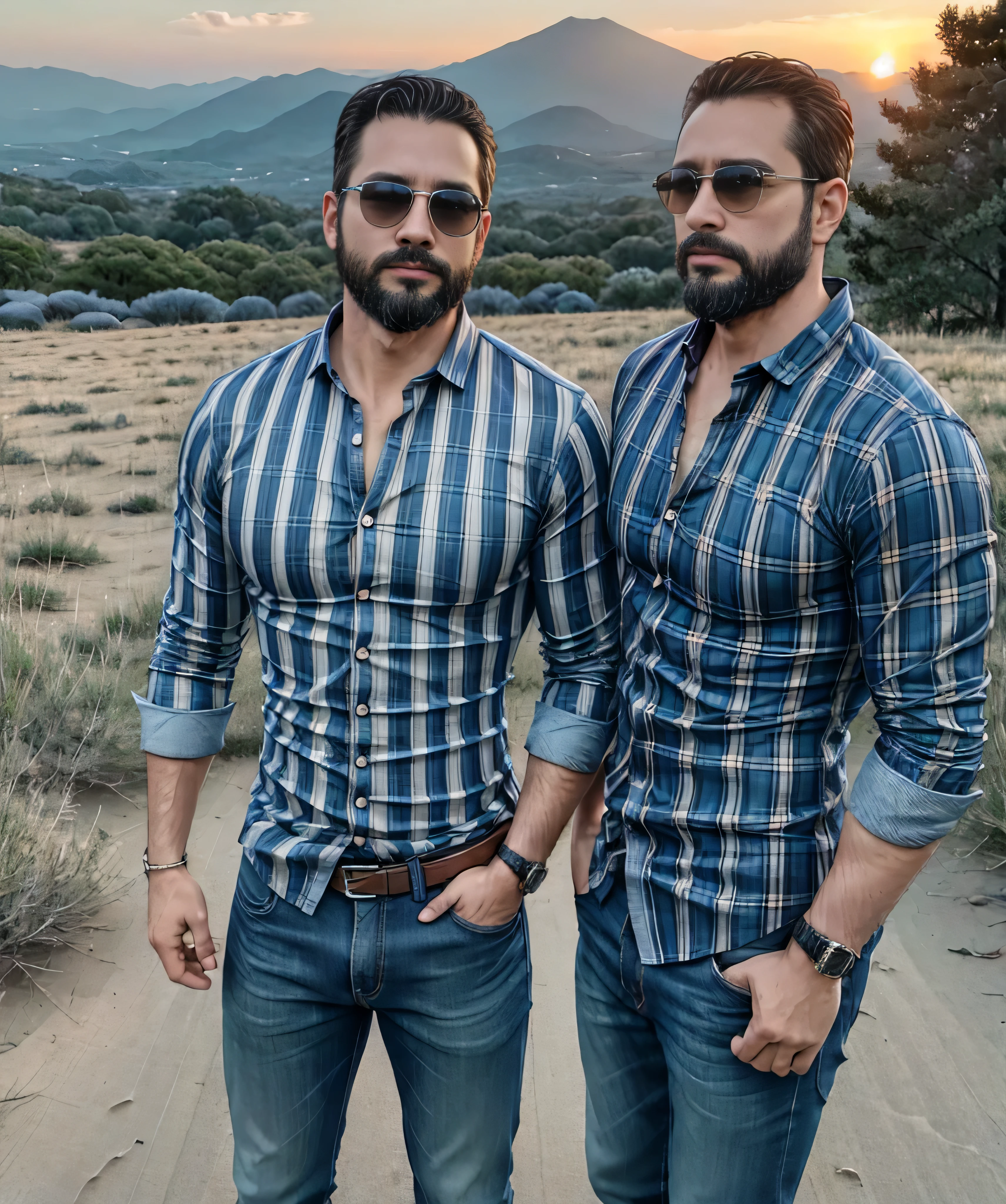 Obra maestra, desenfoque de campo, Parte superior del cuerpo, Hands in pants pockets , Two 38 year old men with beards and square sunglasses... Men dressed in a plaid shirt at an action movie in Japan with a sunset in the background.