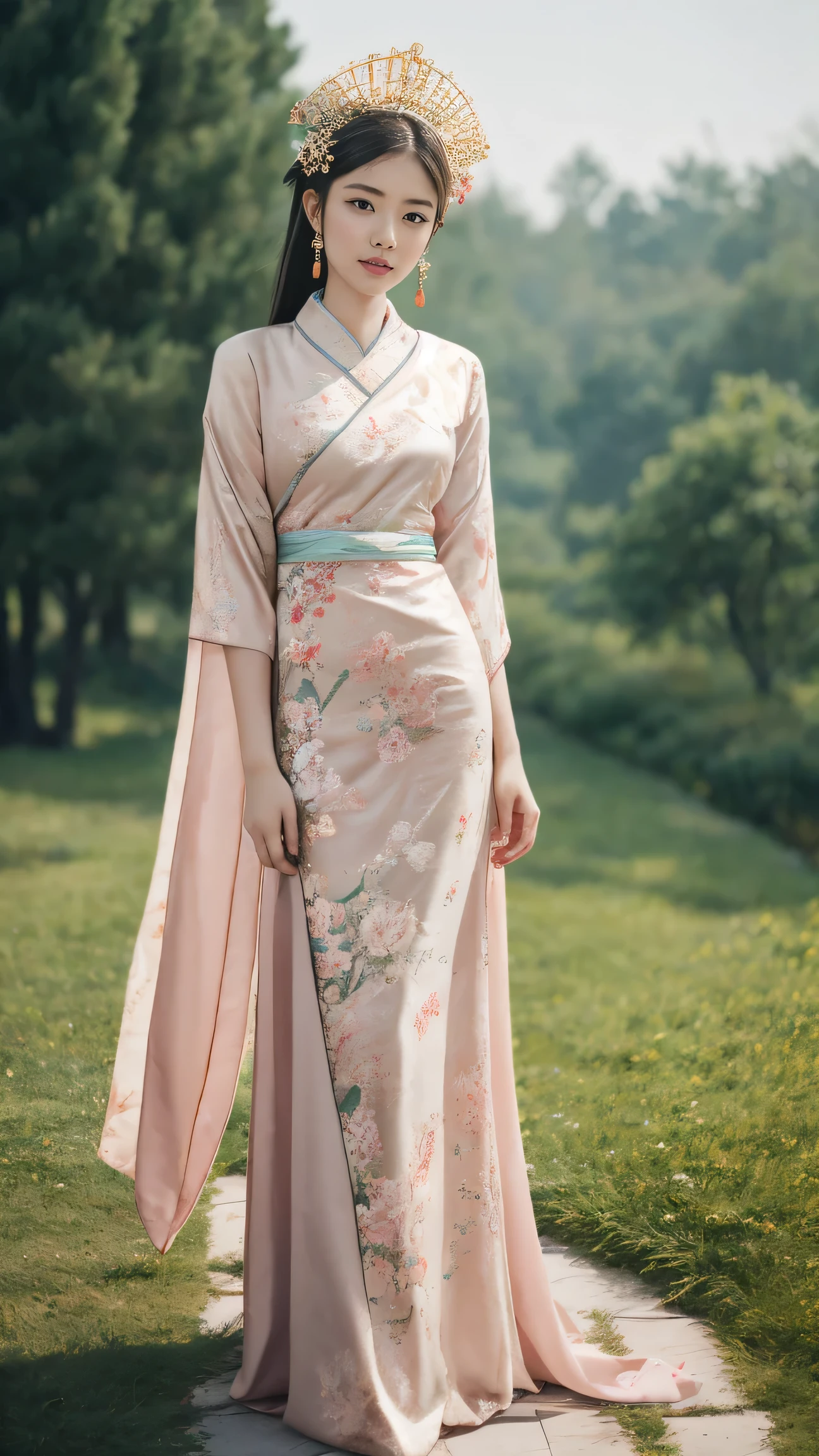 A beautiful 18-year-old Chinese girl full body portrait，Sprite appearance，Beautiful flower headdress，Detailed description，Wearing traditional Chinese clothing、Relief、Minimalist landscape painting，Wear Tang Dynasty Clothing，Pale pink and pale jade gold，Dreamy style，Epic ink-and-ink hybrid shots，Dramatic Flower Shower，Fuji 32k-ar 3:4 -s 250