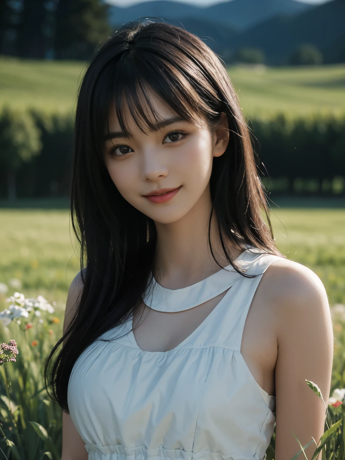 (ultra realistic), (best illustration), (increase resolution), (8K), (masterpiece), (wallpaper), solo, 1 girl, looking at viewers, black straight hair, in the dark, deep shadow, low key, pureerosfaceace_v1, happy smile, simple dress, meadow