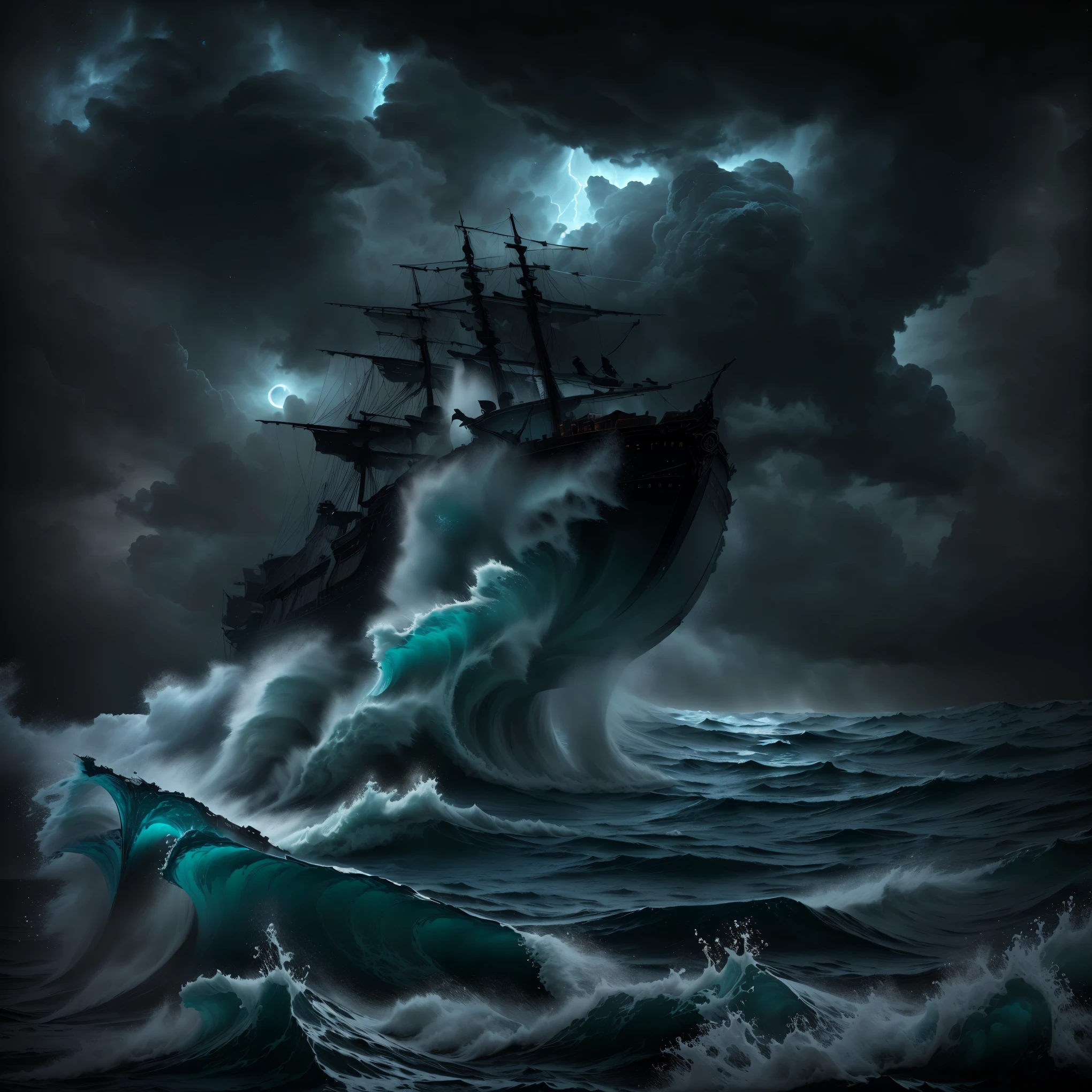 there is a Ship that is floating in the ocean at night, a Ship lost in a storm, gothic Ship on ocean, Ship at sea, dramatic nautical scene, Storm at sea, in rough seas with big waves, Shipwreck, old pirate Ship, on a pirate Ship background, The Flying Dutchman, Apocalyptic stormy seas, Stormy seas, Night sea storm, Ship
