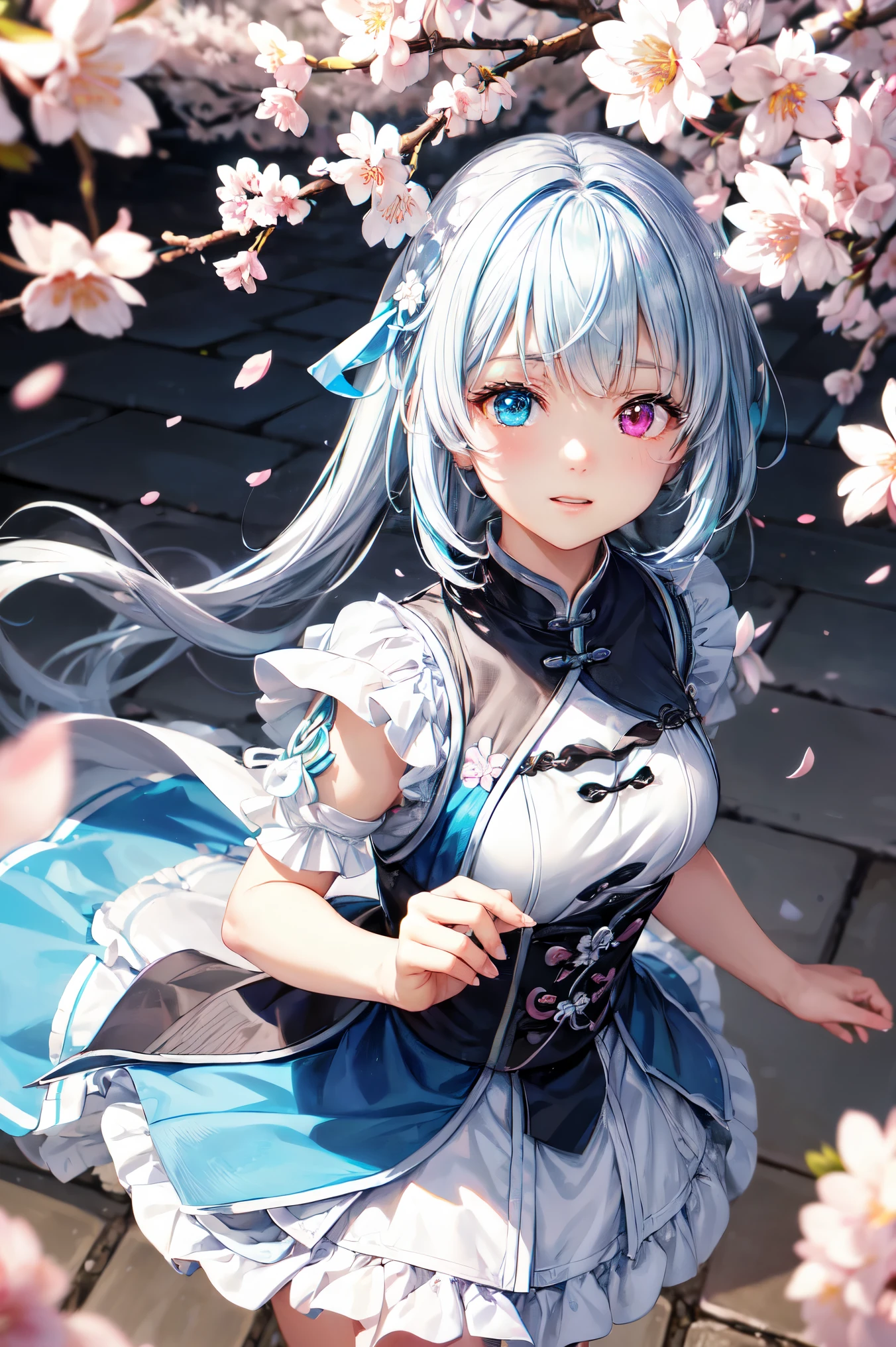 1 girl、bluish-silver hair、(Heterochromia Iridum (drooping iris),Shineing eyes:1.4)、、10 years old、Big smile、thin、Blurred Background、Shine、shine hair、(spring、Cherry blossom petals dancing in the wind、From above、There'The Girl Behind the Cherry Blossoms:1.3),Ambient Occlusion、Zhou Xianguang、ray tracing reflection、highest quality、Realistic、Very detailed、delicate、orderly、Attention to detail、