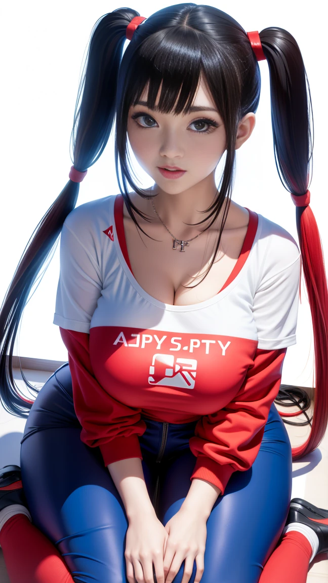 Girl playing PlayStation 4、beautiful girl、Big Breasts、Tight clothing、Twin tail hair、PlayStation-themed clothing