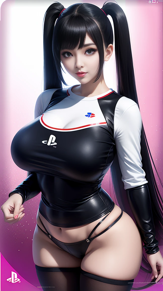 Girl playing PlayStation 4、beautiful girl、Big Breasts、Tight clothing、Twin tail hair、PlayStation-themed clothing