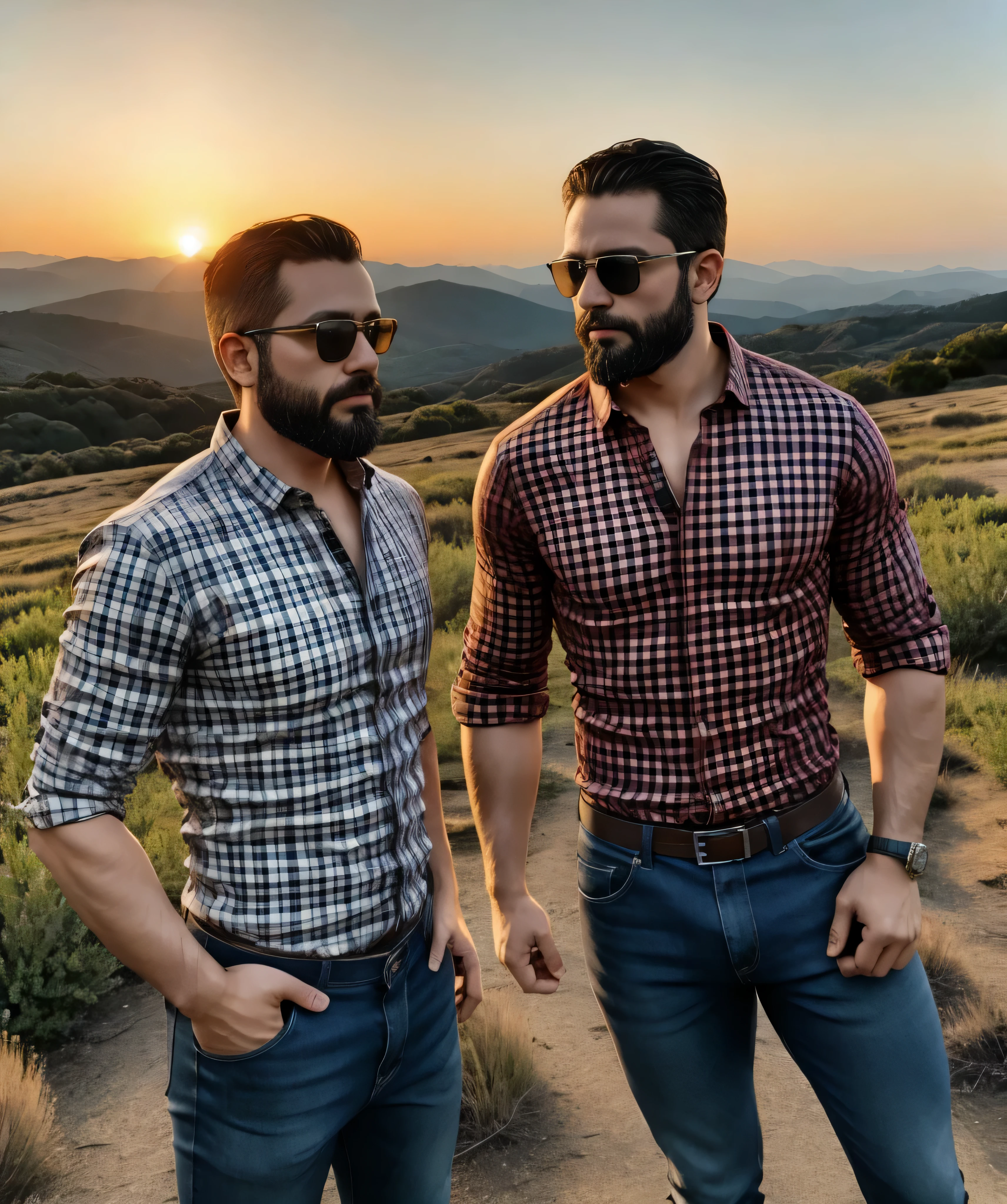 Obra maestra, desenfoque de campo, Parte superior del cuerpo, Hands in pants pockets , Two 38 year old men with beards and square sunglasses... Men dressed in a plaid shirt at an action movie in Japan with a sunset in the background.