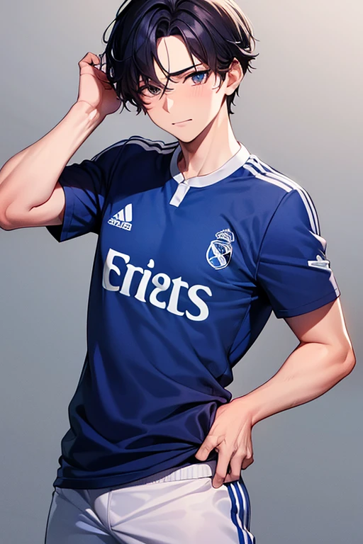 jugador de futbol hombre joven con camisa del real Madrid con el numero 2 en el pecho y con pelo negro y ojos azules