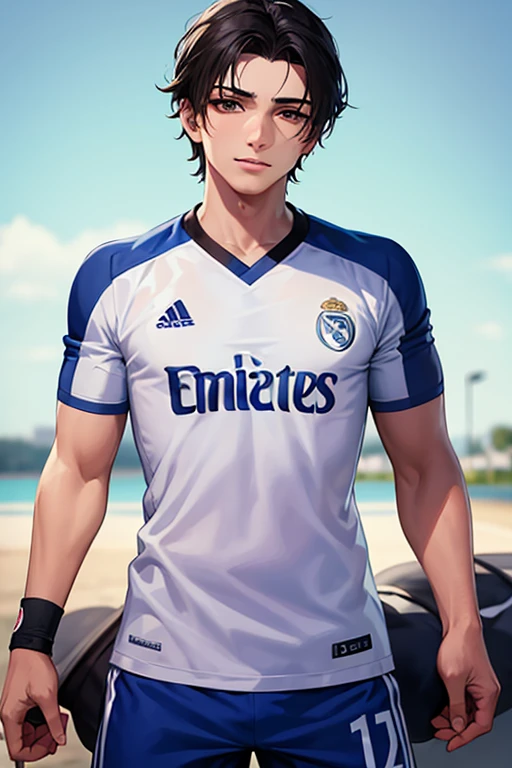 jugador de futbol hombre joven con camisa del real Madrid con el numero 2 en el pecho y con pelo negro y ojos azules