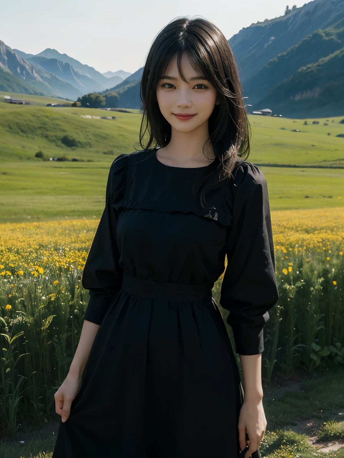 (ultra realistic), (best illustration), (increase resolution), (8K), (masterpiece), (wallpaper), solo, 1 girl, looking at viewers, black straight hair, in the dark, deep shadow, low key, pureerosfaceace_v1, happy smile, simple dress, meadow