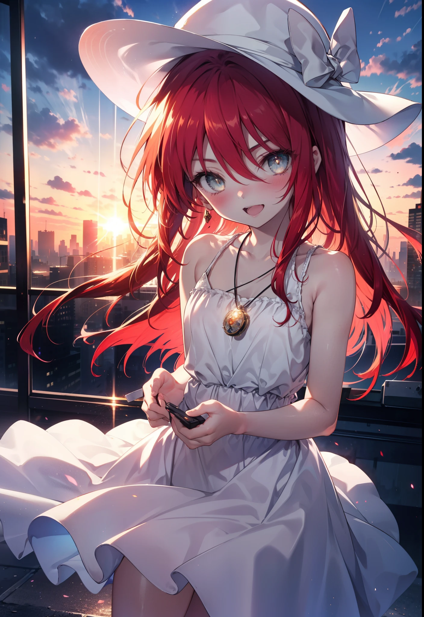 Shana,灼眼のShana,Ahoge,Long Hair,Red hair, Red eyes:1.5, Small breasts,smile,blush,Open your mouth,Sleeveless dress,Bare shoulders,bare clavicle,Bare neck,Rocket Pendant,White hat,Long skirt,Cute heeled sandals,Looking down from above,sunset,evening,The sun is setting,
break looking at viewer, (Cowboy Shot:1. 5)
break outdoors, City Street,Building district,
break (masterpiece:1.2), highest quality, High resolution, unity 8k wallpaper, (shape:0.8), (Fine and beautiful eyes:1.6), Highly detailed face, Perfect lighting, Highly detailed CG, (Perfect hands, Perfect Anatomy),