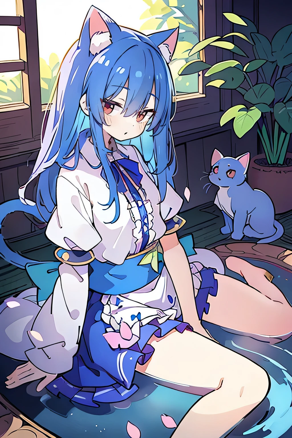 (masterpiece:1.2),ultra-detailed,realistic,expressive eyes,fair-skinned,perfectly shaped face,1girl,
Japanese cartoons,Gorgeous blue hair, flowing blue hair,floating clothes,cat ears,petals falling,beautiful Lola,Hina Angel,
hands on waist,gracefully sitting on the ground,legs crossed,gentle and serene background,cool and comfortable pavilion.