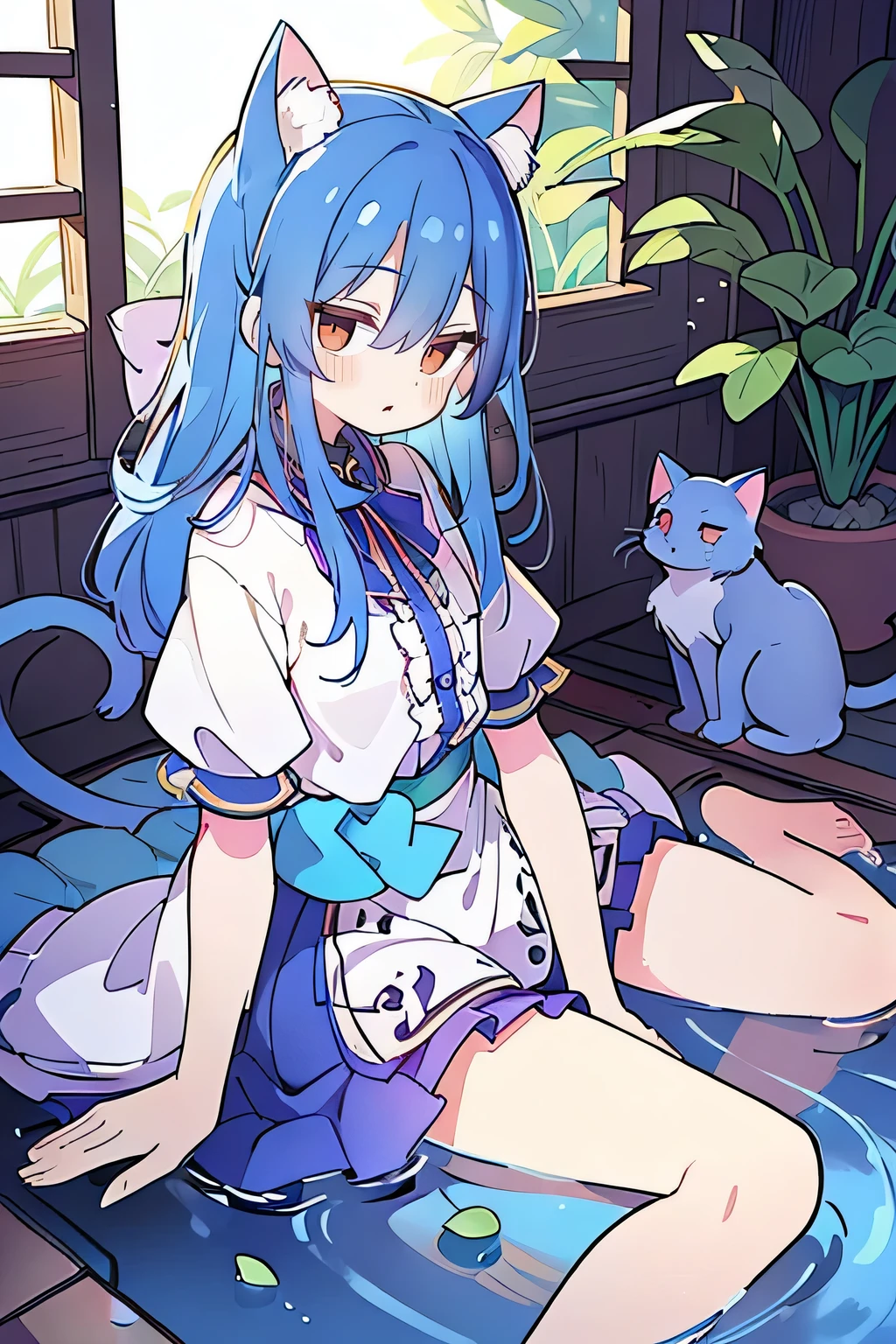 (masterpiece:1.2),ultra-detailed,realistic,expressive eyes,fair-skinned,perfectly shaped face,1girl,
Japanese cartoons,Gorgeous blue hair, flowing blue hair,floating clothes,cat ears,petals falling,beautiful Lola,Hina Angel,
hands on waist,gracefully sitting on the ground,legs crossed,gentle and serene background,cool and comfortable pavilion.