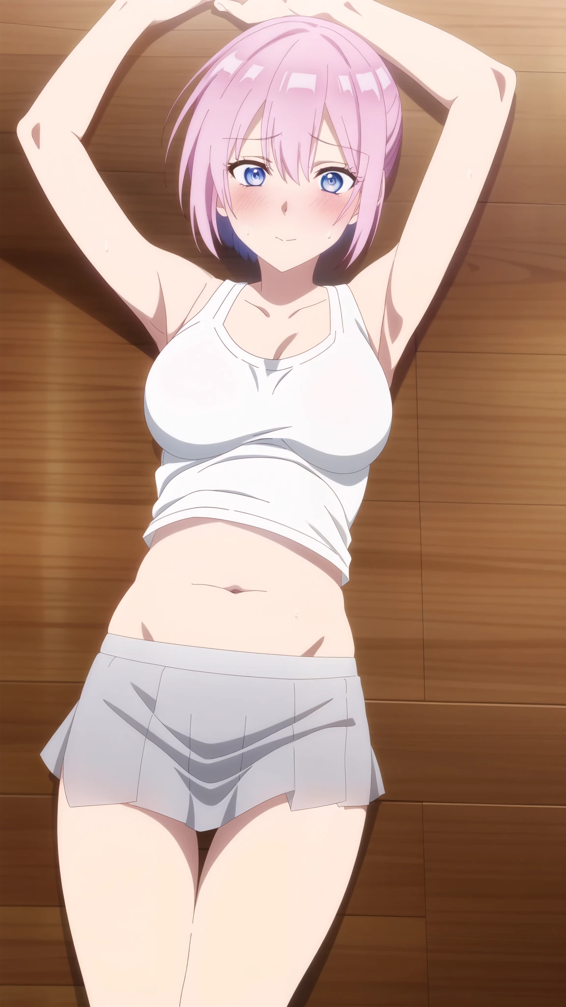 masterpiece, high quality, 8k, Beautiful lighting,sunny day, 1 girl, alone, Miyako Shikimori, ,((White tank top)),,(See-through clothing), Sweat,(White lace panties),(Grey mini skirt),(Panty shot), ((Belly details)),(slender thighs), Detailed navel, blush,Legs closed, Medium chest,,Lie on the classroom floor,White lace panties