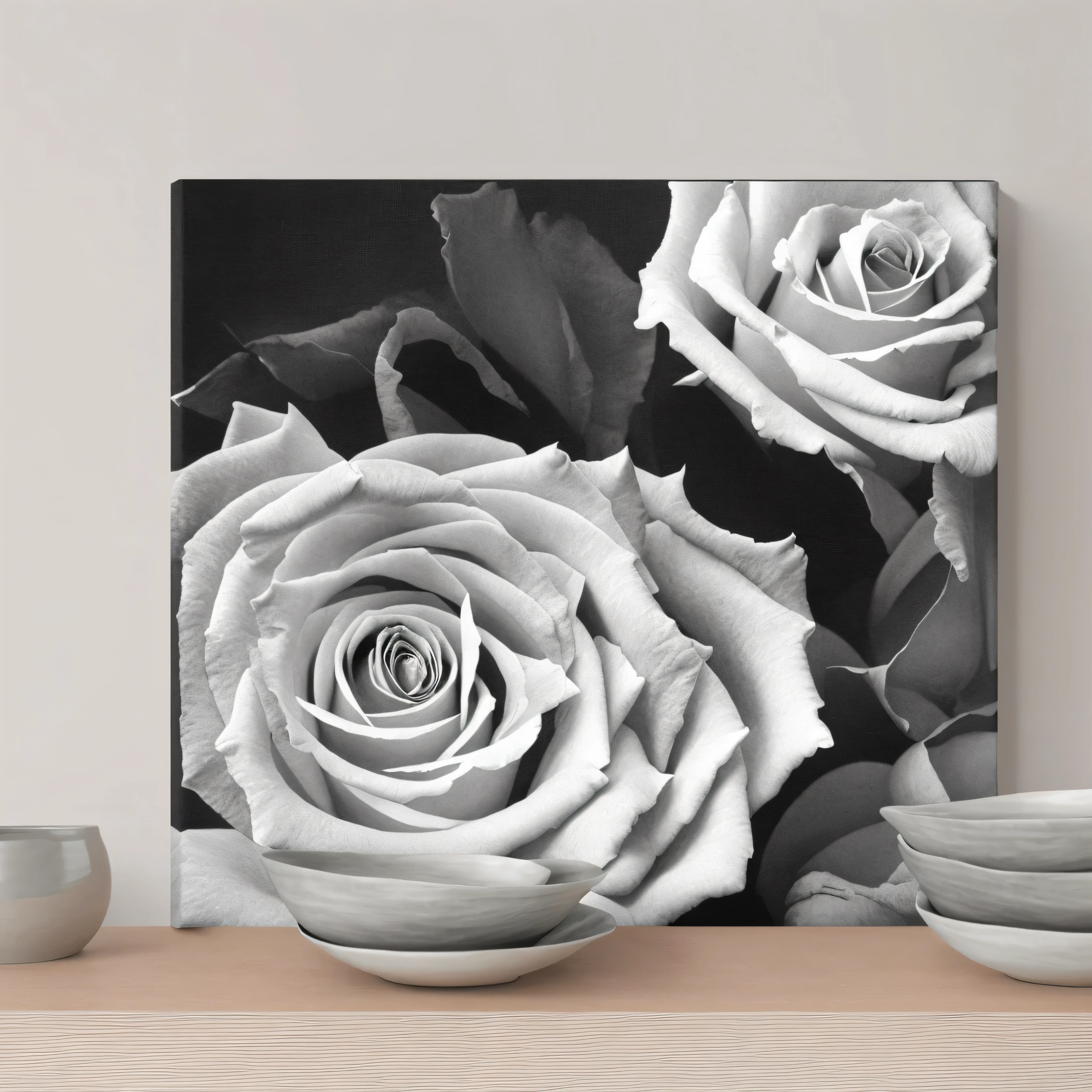 Close-up of the table，There was a bowl of fruit on the table, Abstract smoked rose, Canvas Art print, Black and white painting, Black & White art, Realistic flower oil painting, Chalk texture on canvas, Canvas Art, painting on Black canvas, Black and White artwork, paint on Black velvet canvas, Textured Canvas, Oil on canvas, art canvas