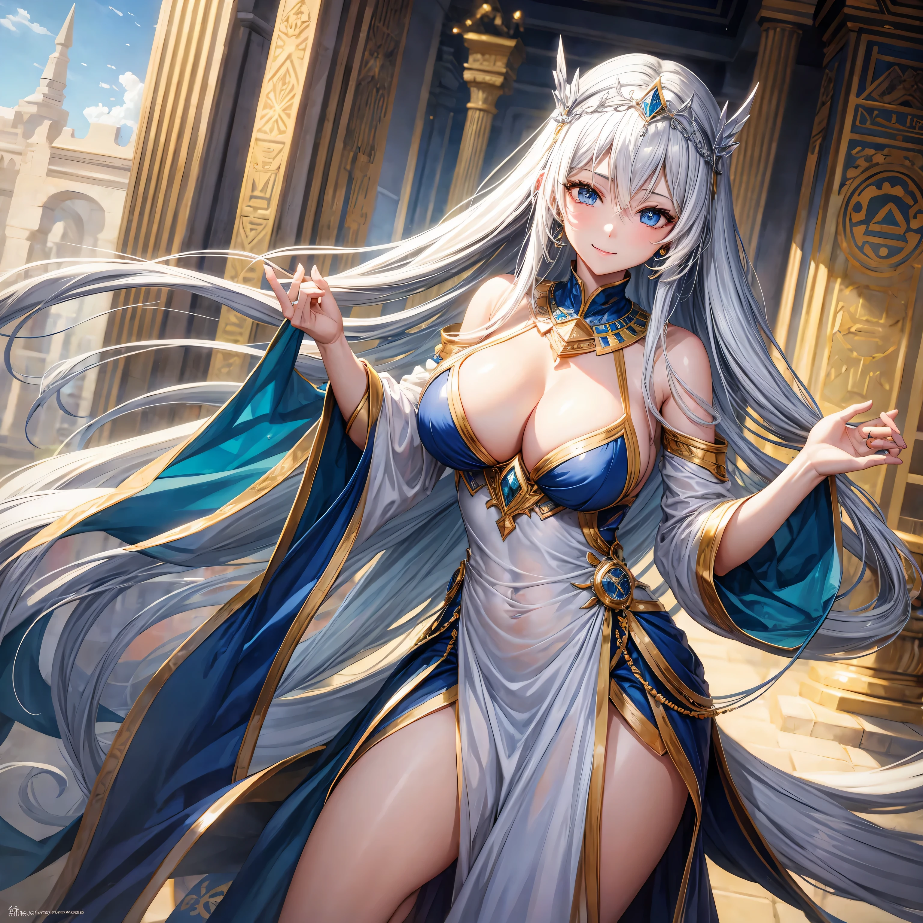 Whitening　Gray Hair　Long Hair　blue eyes　smile　tiara　green egyptian costume　beauty　sexy　Big Breasts　mature　whole　Mysterious　charm　Charming　pyramid　valley key　Beautiful breasts　fortune teller　