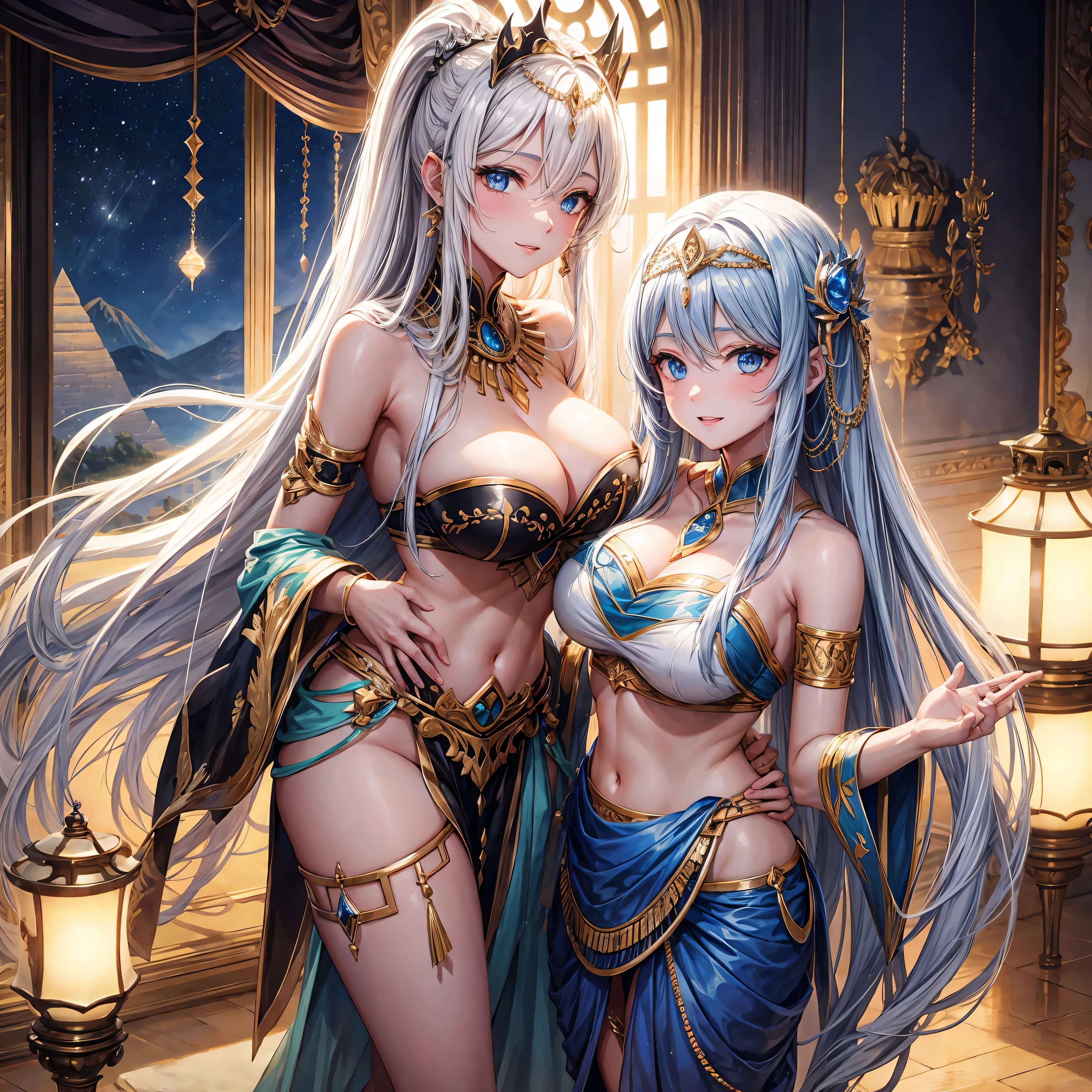 Whitening　Gray Hair　Long Hair　blue eyes　smile　tiara　green egyptian costume　beauty　sexy　Big Breasts　mature　whole　Mysterious　charm　Charming　pyramid　valley key　Beautiful breasts　fortune teller　