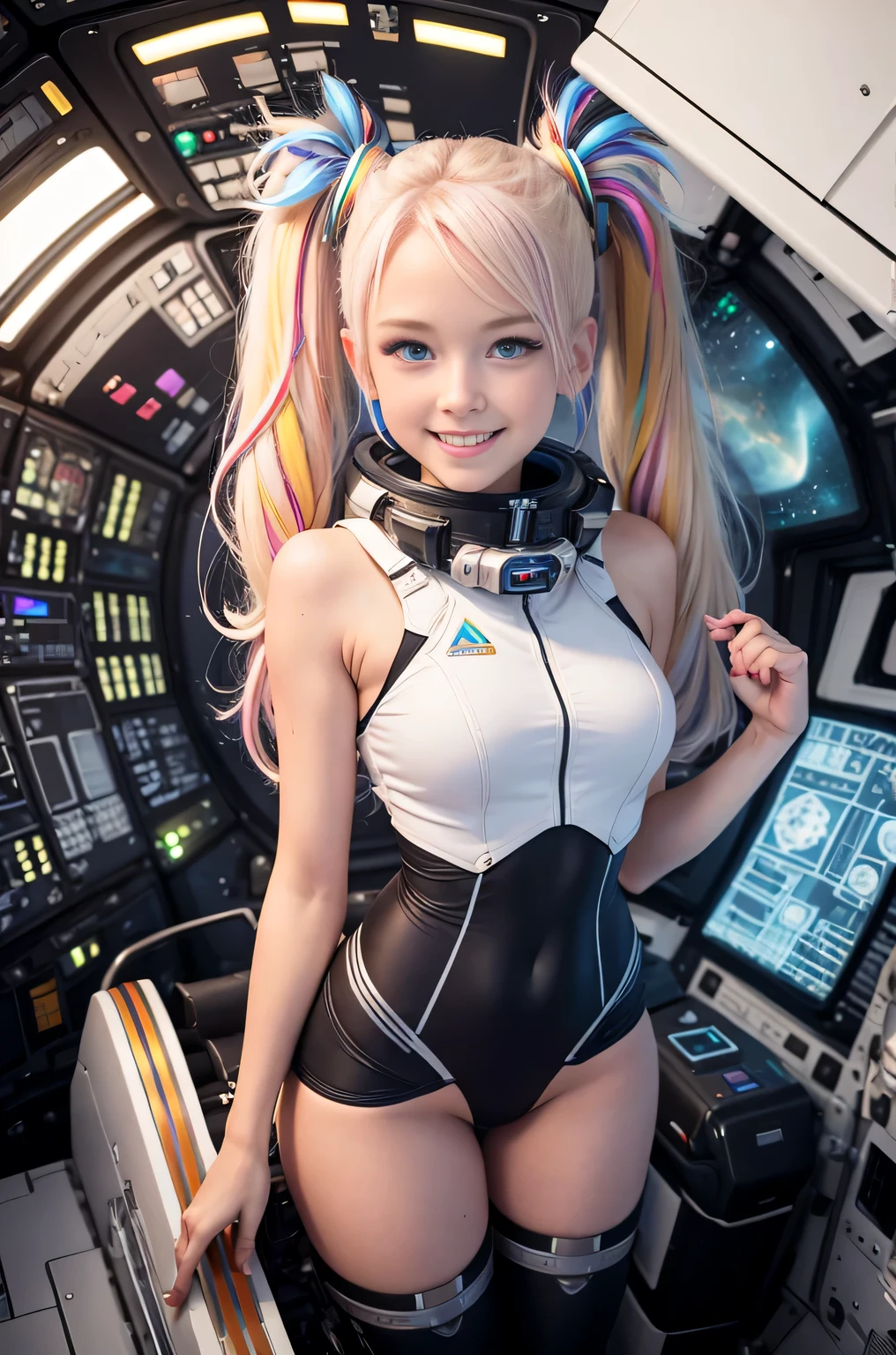 (overhead view) Cute blonde with rainbow colored hair tips, ribbons in her hair, 18-year-old woman, happy, smiling, shy, blushing, in twin tails, perfect eyes, clear sparkling blue eyes, pale skin, silky smooth skin, very body, thin girl, flying a fancy metal luxurious space ship, futuristic cockpit, she's a pilot from Ireland, outer space seen in windows, dark warm lighting, futuristic astronaut suit, anatomically correct, sexy, bare bottom, very tight fitting outfit, thong back, Best quality, high detailed.