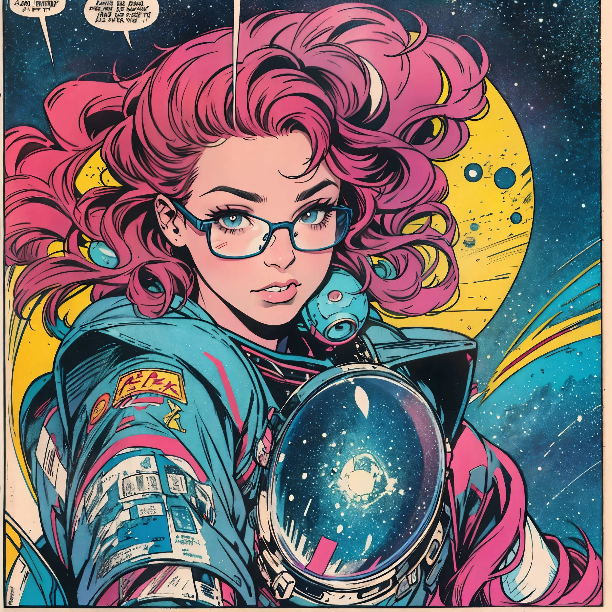 ultimate best quality,beautiful woman,speech bubble,big brest,galaxy,60s,70s,80s,colorful,cosmo,space,sunglass