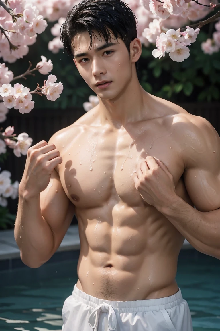 (Reality: 1.2, top quality, 8k, wet: 1.3), (man, Put your hands on your chest), 20-year-old Ukrainian blonde bodybuilder, actor, Cherry blossom pattern yukata, Black lingerie, (Sweat: 1.2, wet: 1.2), Delicate skin, (Movie Lighting, chest hair, Arm hair), Soft Light, Double eyelids, (Tempting), (((excited))